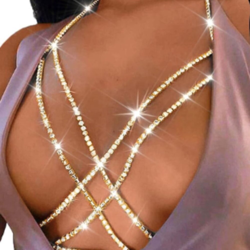 Gold Rhinestone Layered Bra Chain Body Jewelry